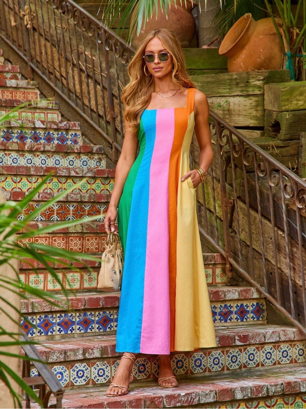 Vici Glory Days Linen Blend Color Block Rainbow 🌈 Maxi Dress 👗